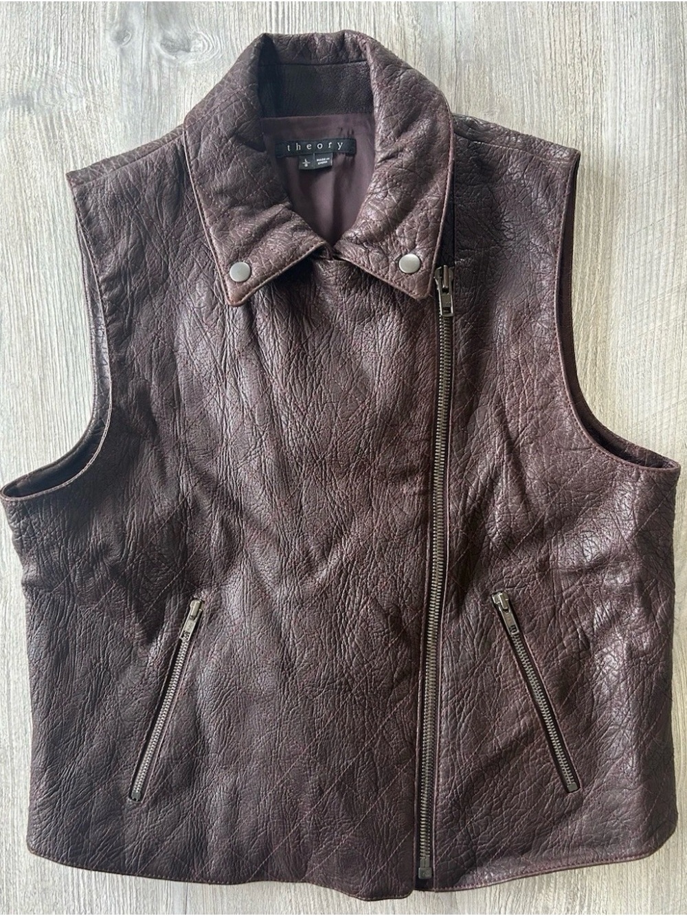 THEORY Madrigal Juno Lambskin Leather Moto Vest in Burgundy Brown